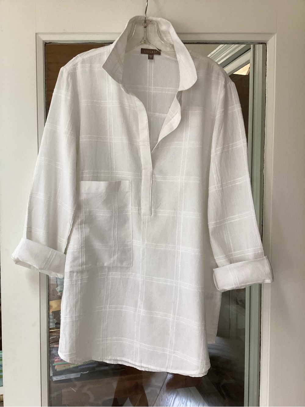 Lilla P Creamy White Windowpane Collared Tunic Size Small 100% cotton
